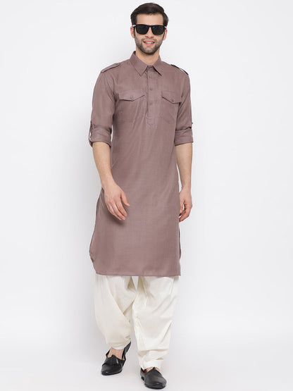 Men's Grey Cotton Blend Pathani Style Kurta