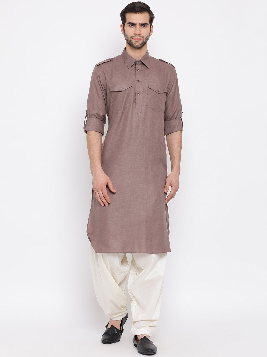 Men's Grey Cotton Blend Pathani Suit Set