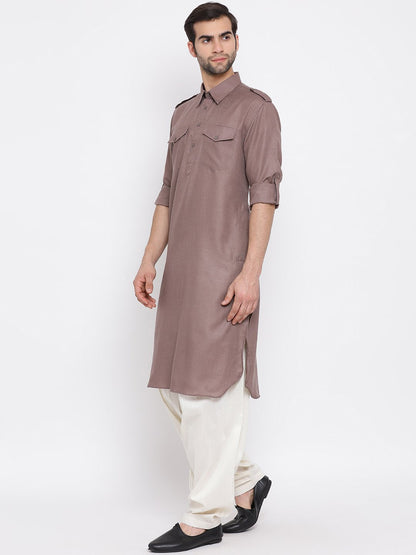 Men's Grey Cotton Blend Pathani Suit Set