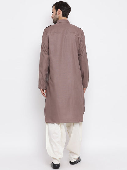 Men's Grey Cotton Blend Pathani Suit Set