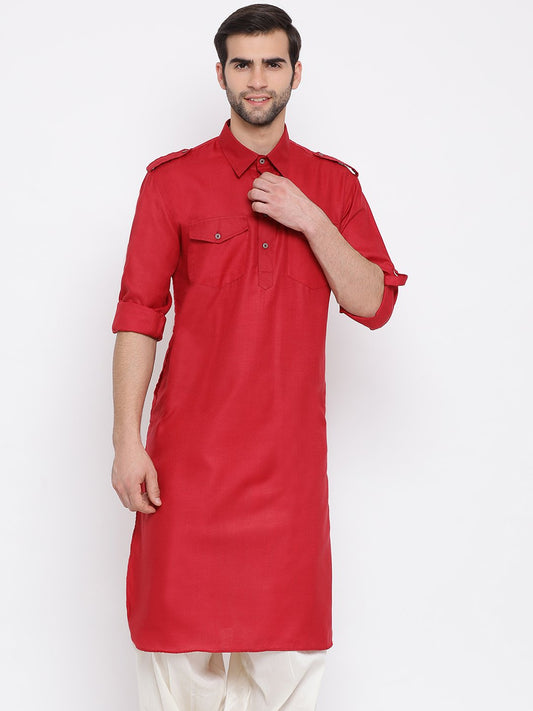 Men's Maroon Cotton Blend Pathani Style Kurta