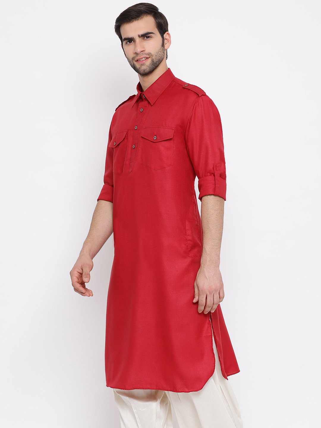 Men's Maroon Cotton Blend Pathani Style Kurta