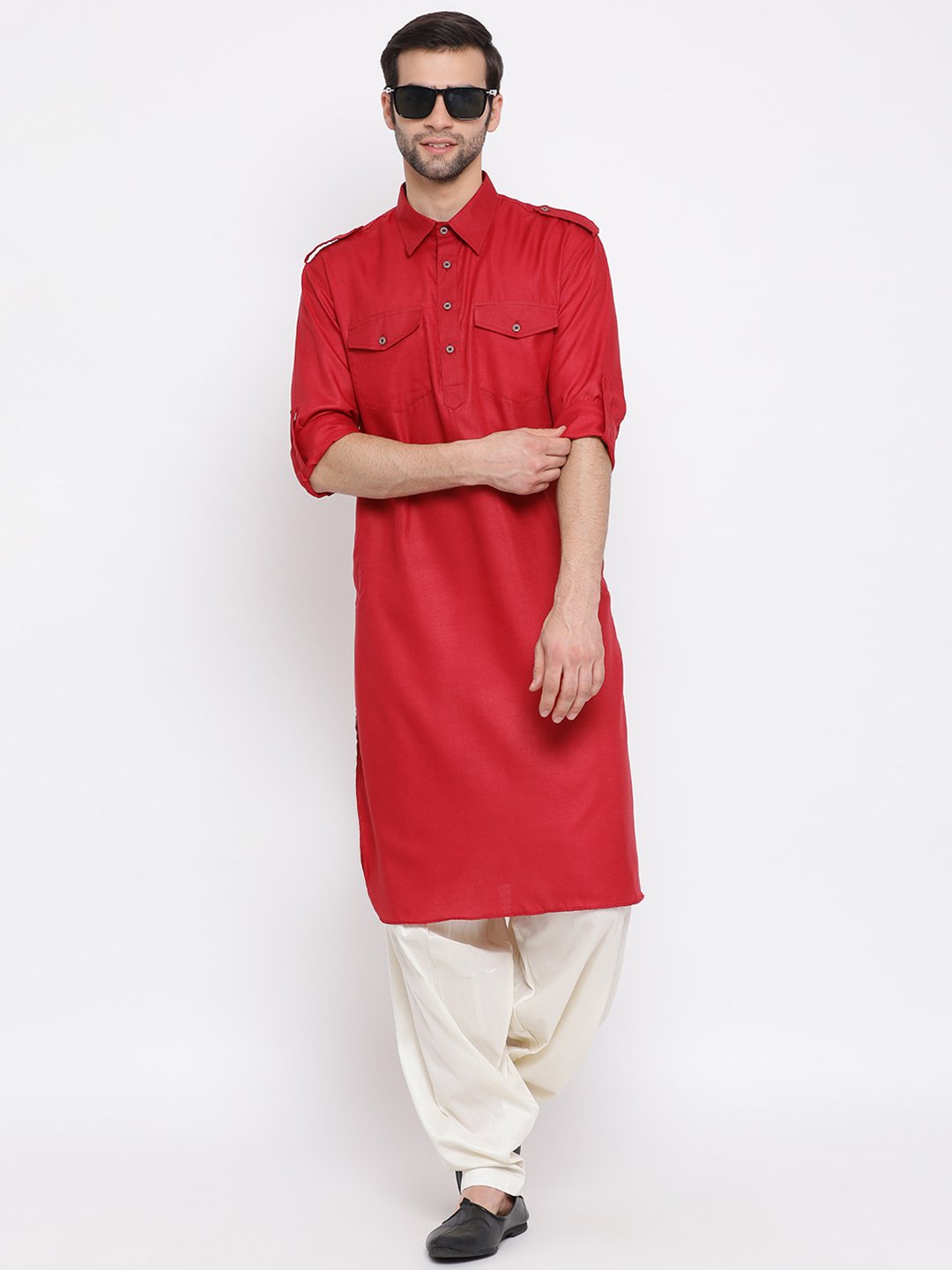 Men's Maroon Cotton Blend Pathani Style Kurta