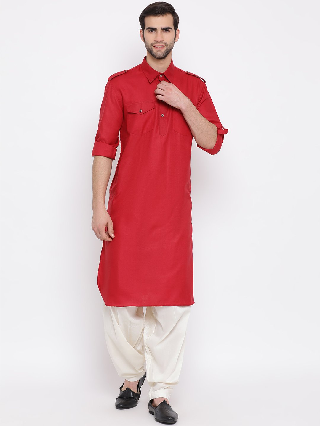 Men's Maroon Cotton Blend Pathani Suit Set