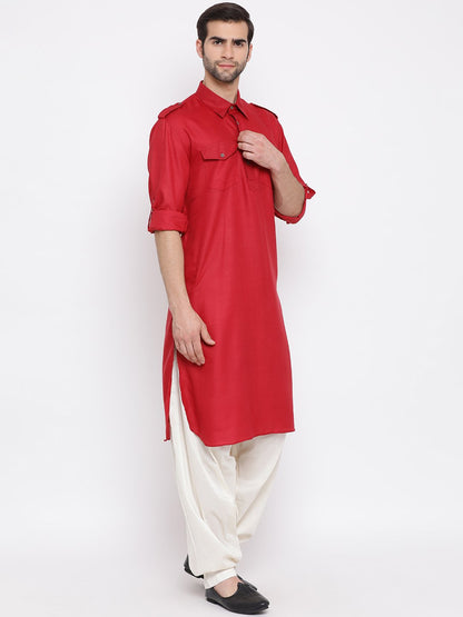 Men's Maroon Cotton Blend Pathani Suit Set