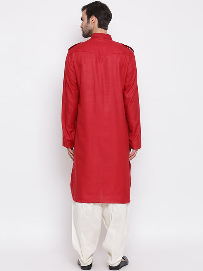 Men's Maroon Cotton Blend Pathani Suit Set