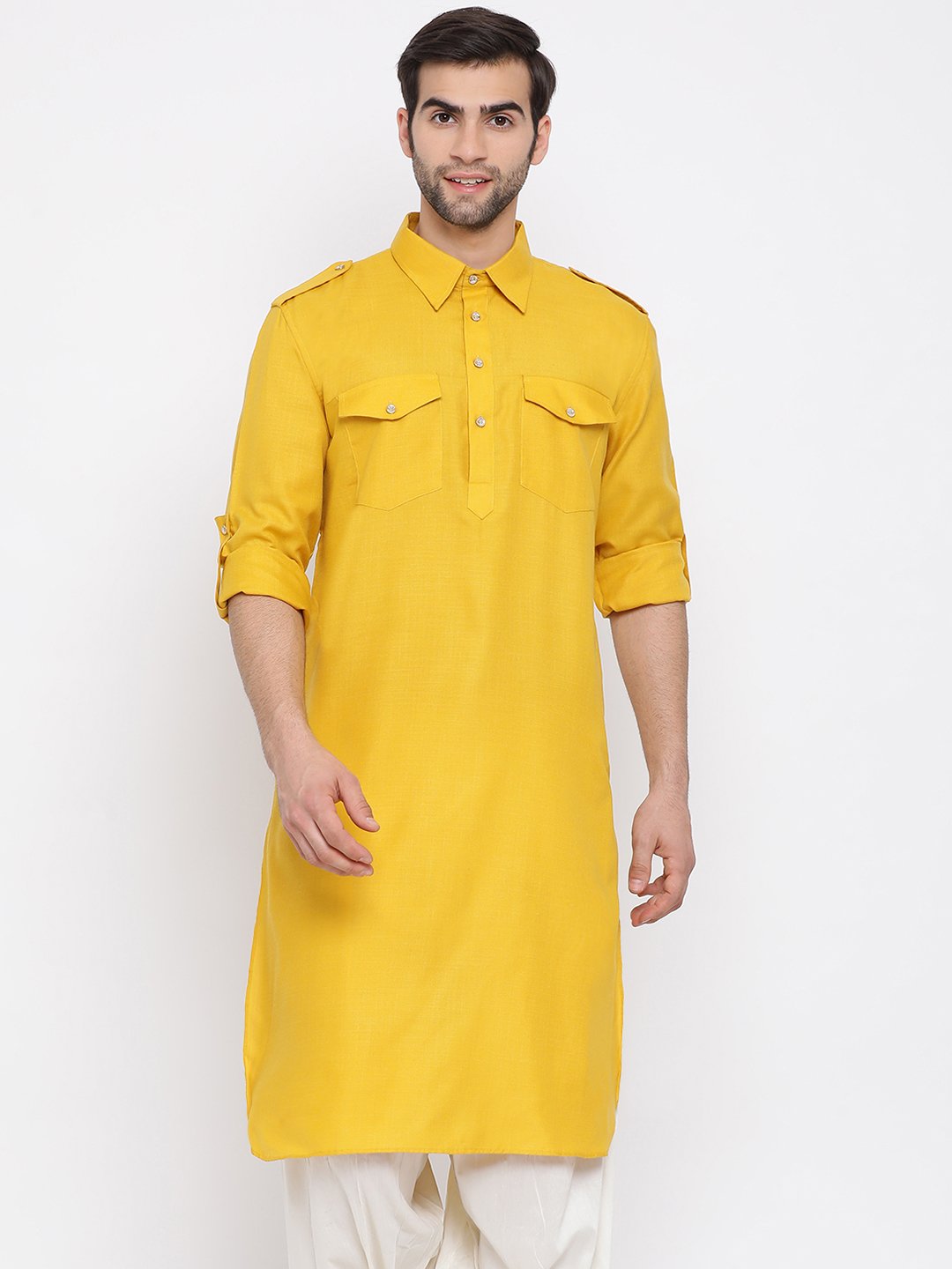 Men's Mustard Cotton Blend Pathani Style Kurta