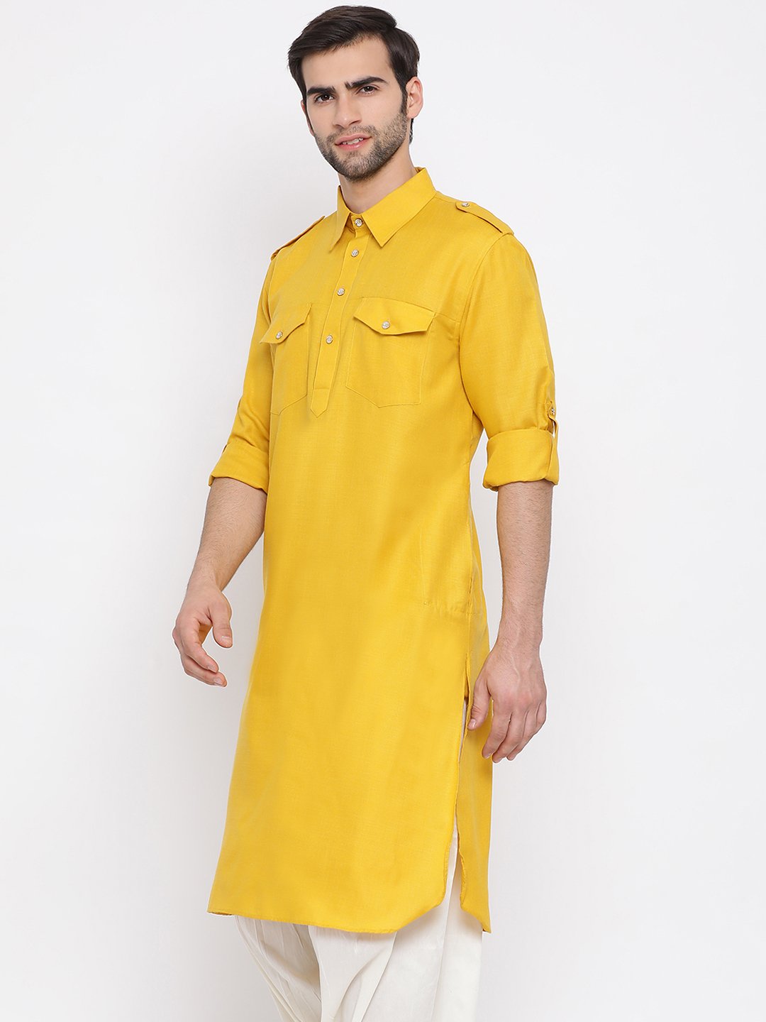 Men's Mustard Cotton Blend Pathani Style Kurta