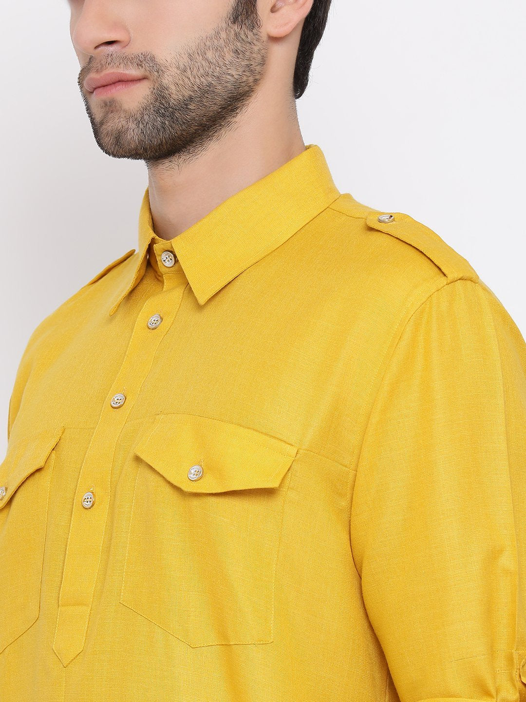 Men's Mustard Cotton Blend Pathani Style Kurta