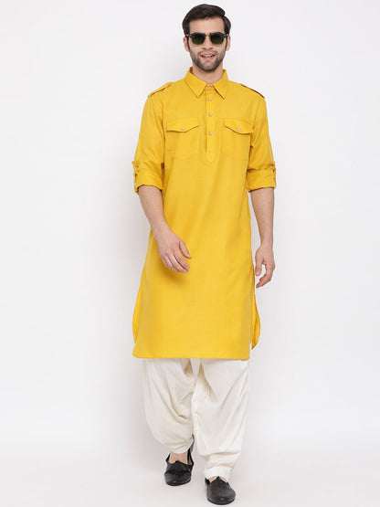 Men's Mustard Cotton Blend Pathani Style Kurta