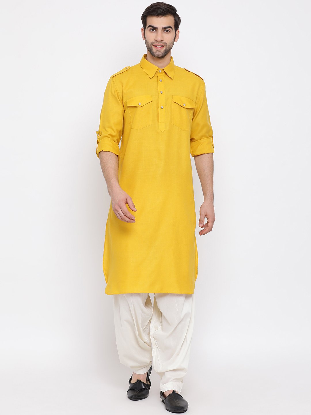 Men's Mustard Cotton Blend Pathani Suit Set