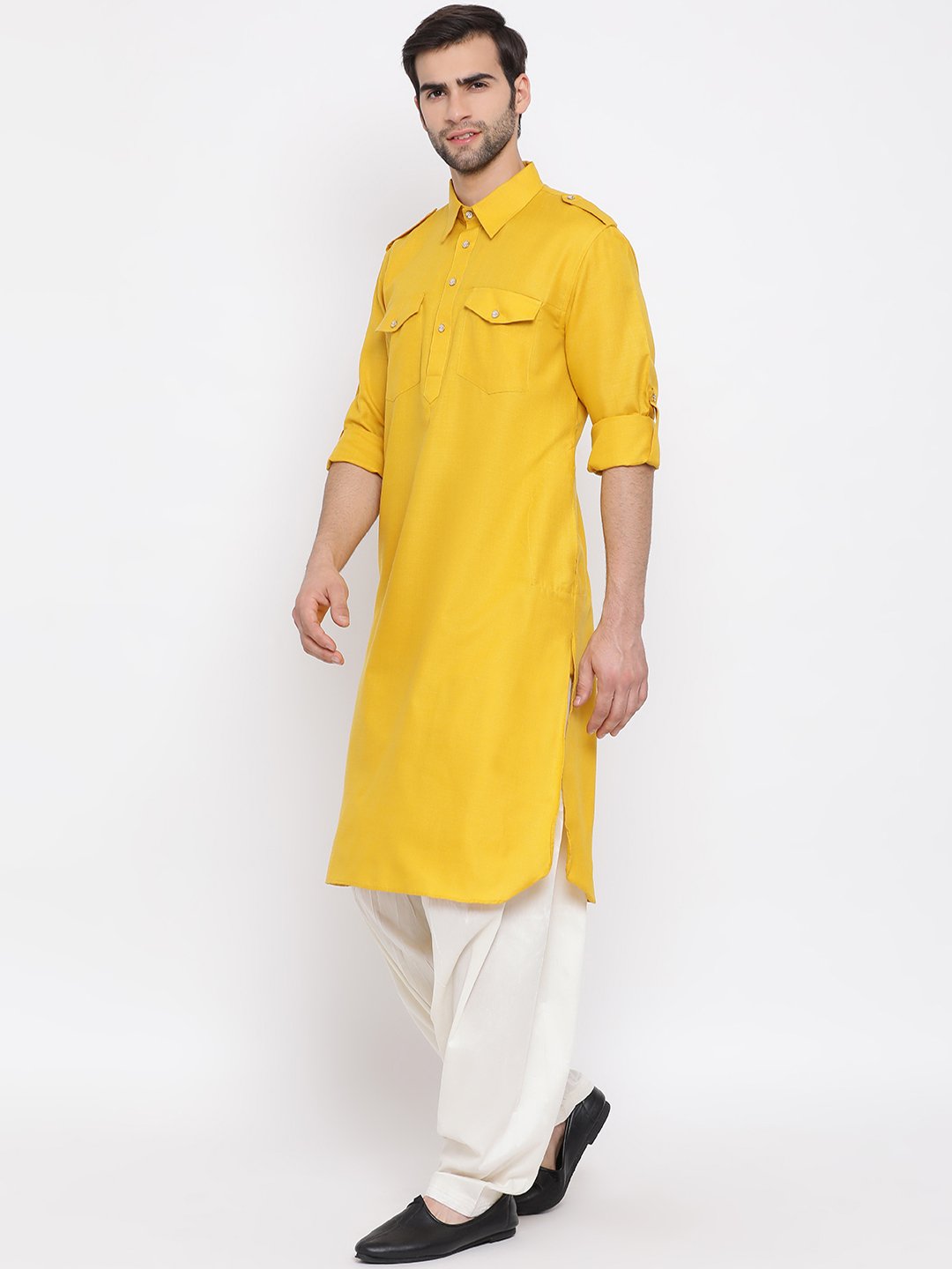 Men's Mustard Cotton Blend Pathani Suit Set