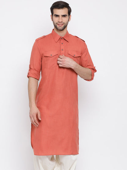 Men's Pink Cotton Blend Pathani Style Kurta