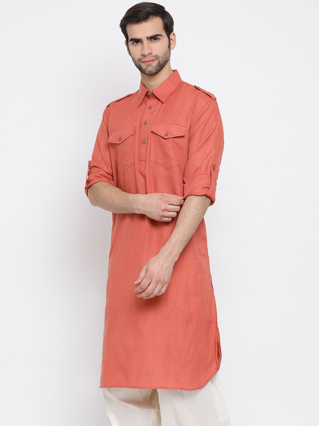 Men's Pink Cotton Blend Pathani Style Kurta