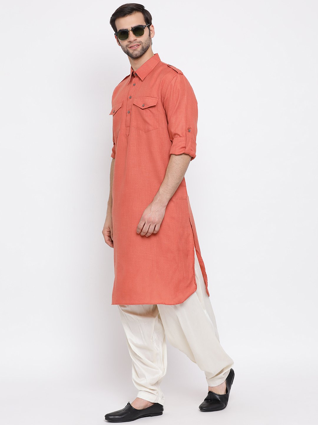 Men's Pink Cotton Blend Pathani Style Kurta