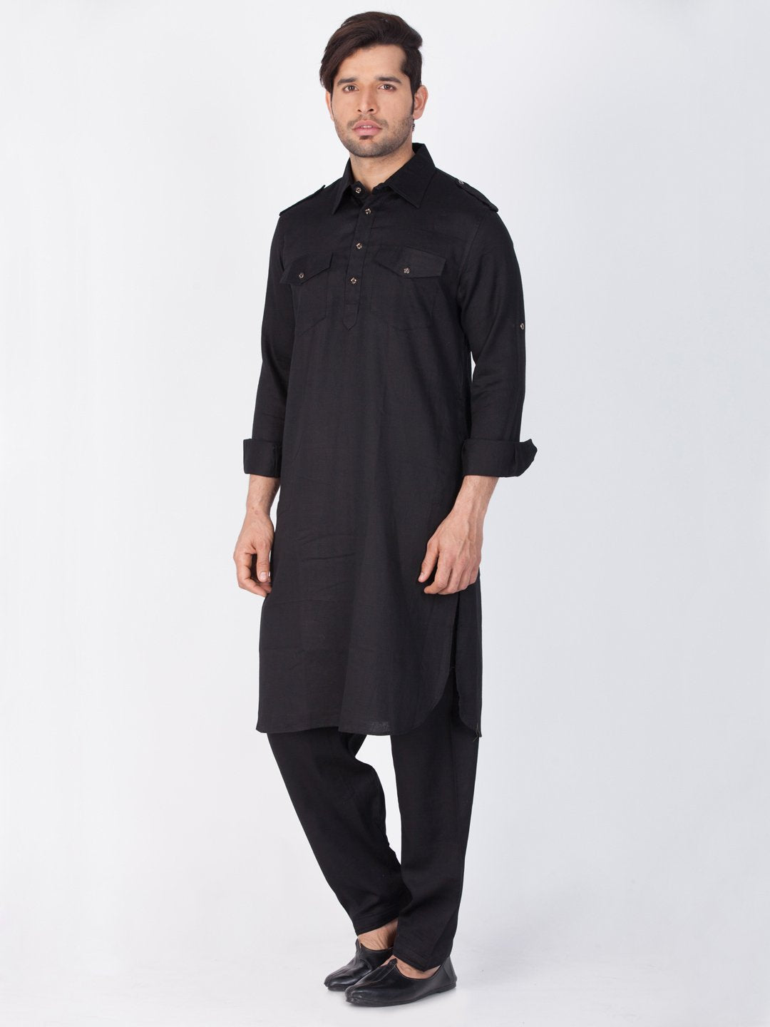 Men's Black Cotton Pathani Suit Set