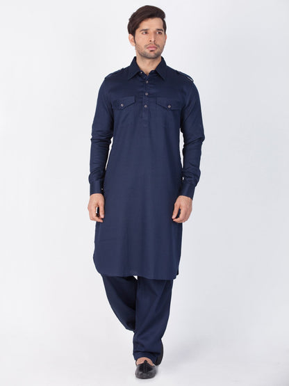 Men's Blue Cotton Pathani Suit Set