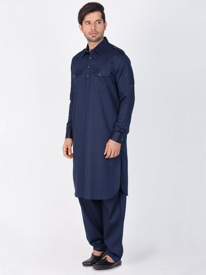 Men's Blue Cotton Pathani Suit Set