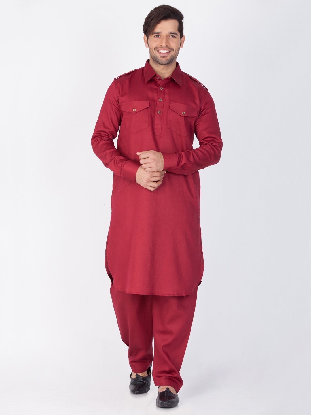 Men's Maroon Cotton Pathani Suit Set