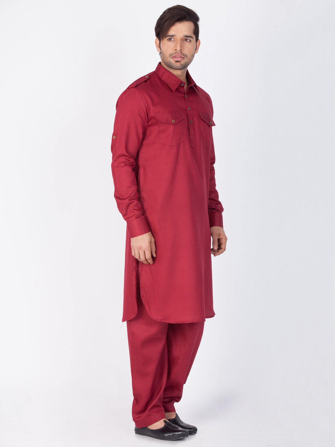 Men's Maroon Cotton Pathani Suit Set