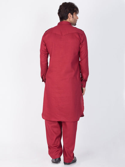 Men's Maroon Cotton Pathani Suit Set