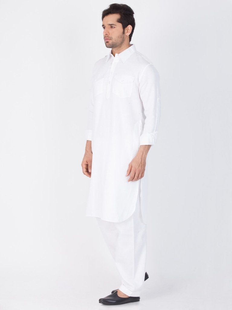 Introduce a sober look with this white pathani suit