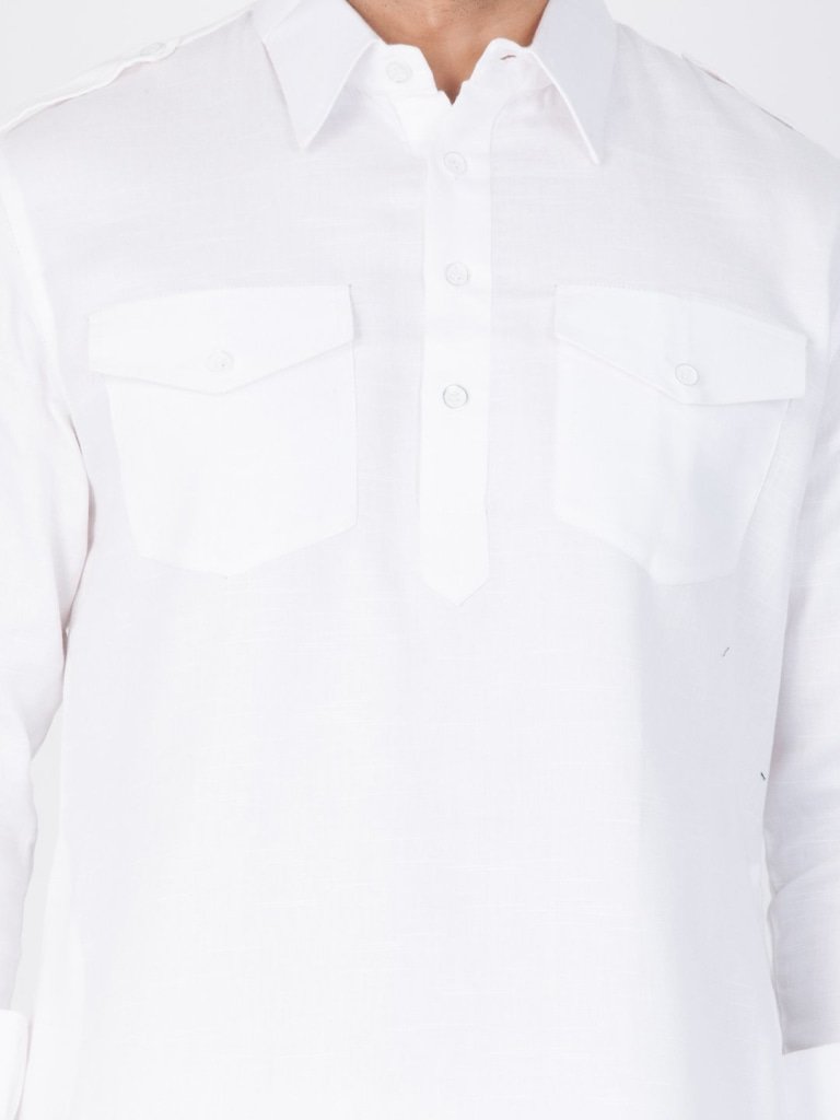 Introduce a sober look with this white pathani suit