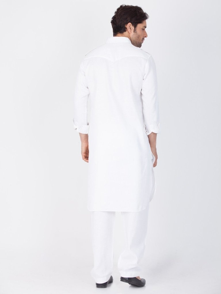 Introduce a sober look with this white pathani suit