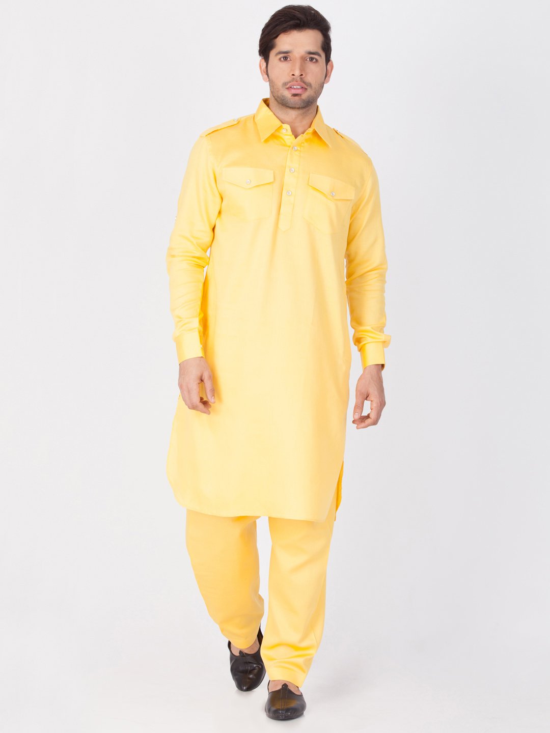 Men's Yellow Cotton Pathani Suit Set