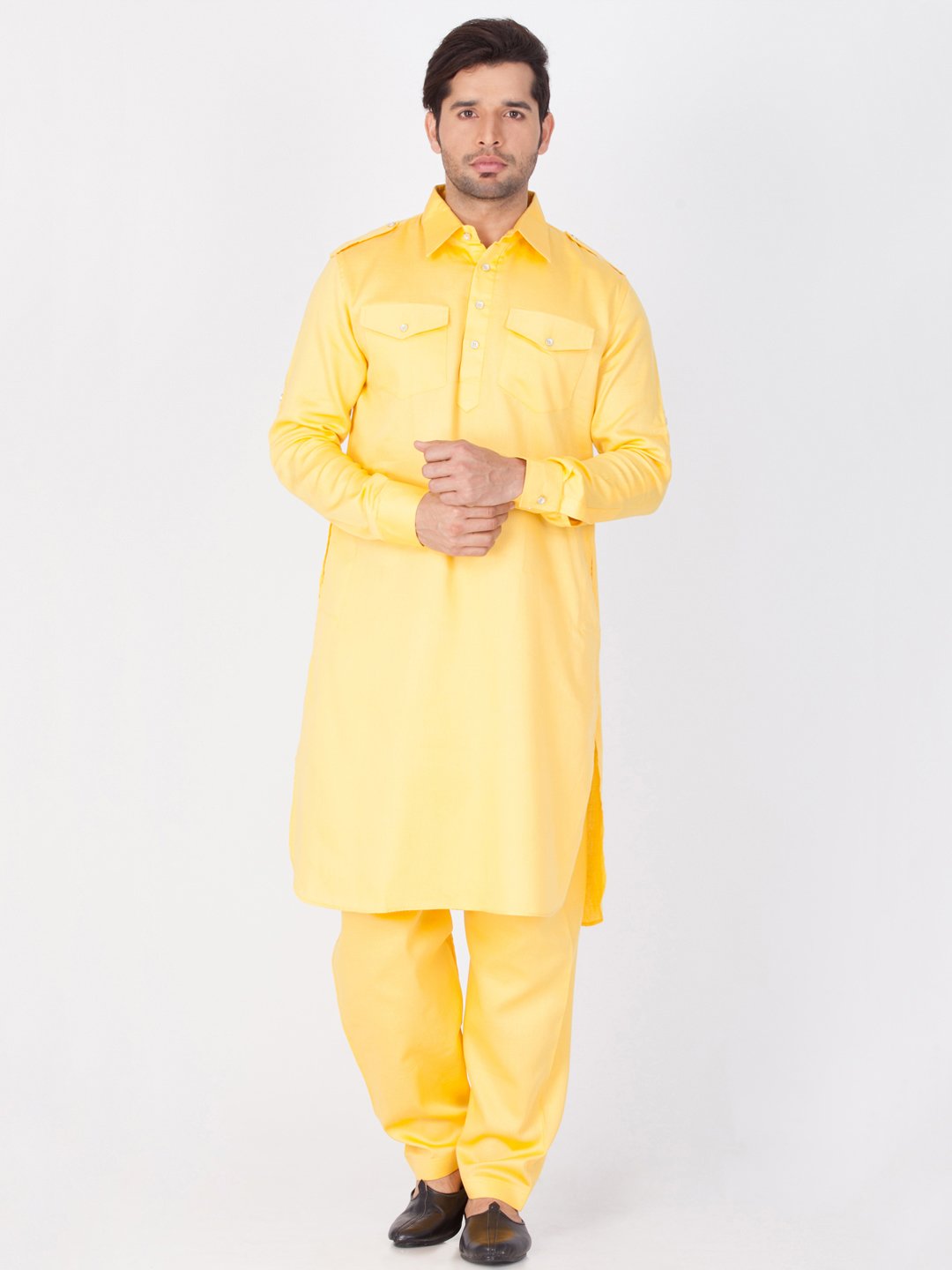 Men's Yellow Cotton Pathani Suit Set