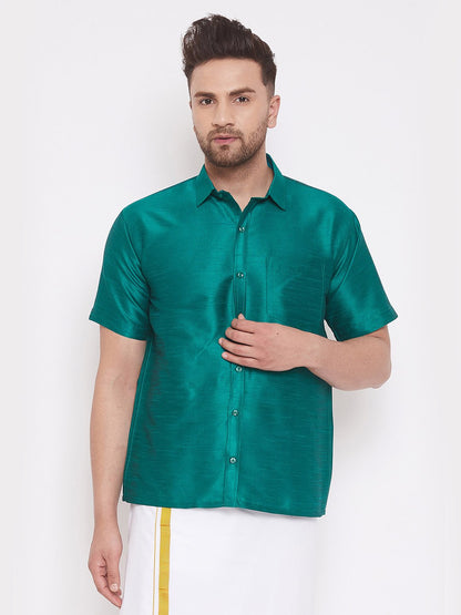 Men's Green Cotton Silk Blend Ethnic Shirt