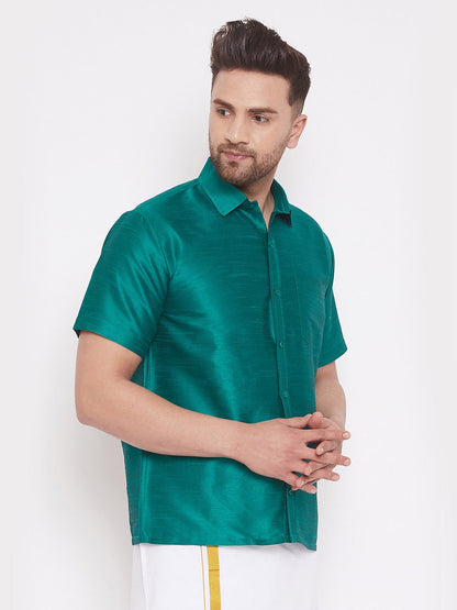 Men's Green Cotton Silk Blend Ethnic Shirt