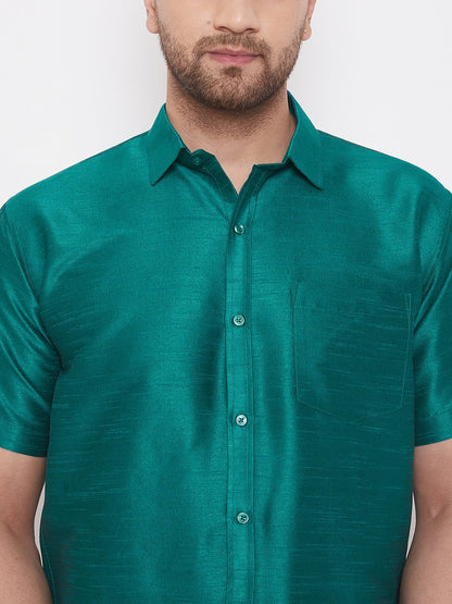 Men's Green Cotton Silk Blend Ethnic Shirt