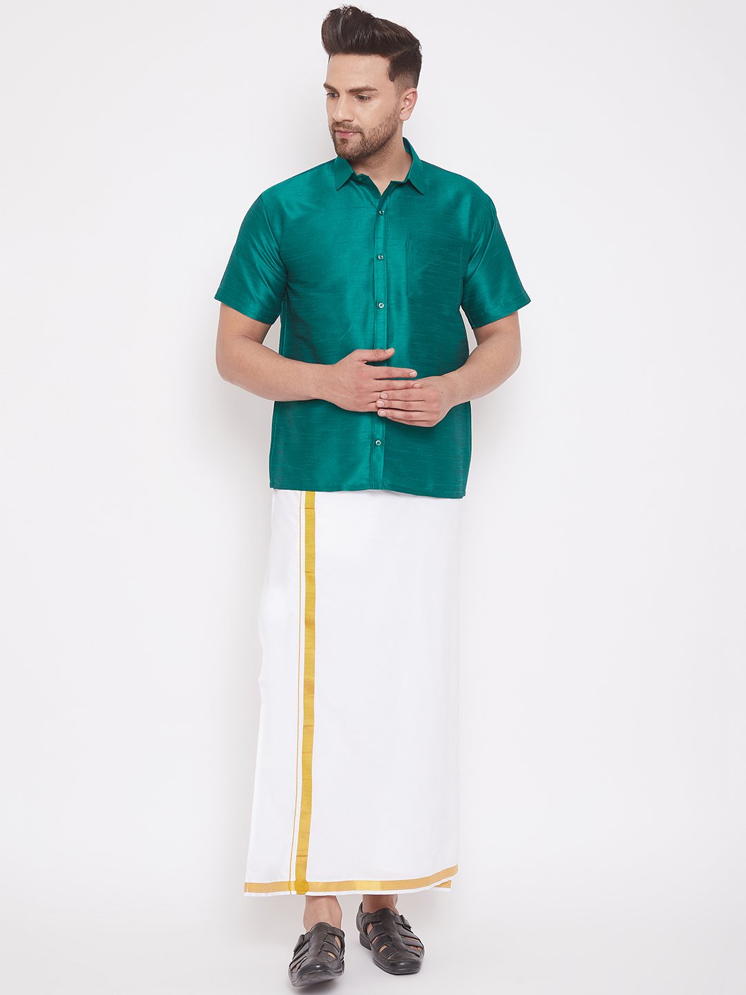 Men's Green Cotton Silk Blend Ethnic Shirt