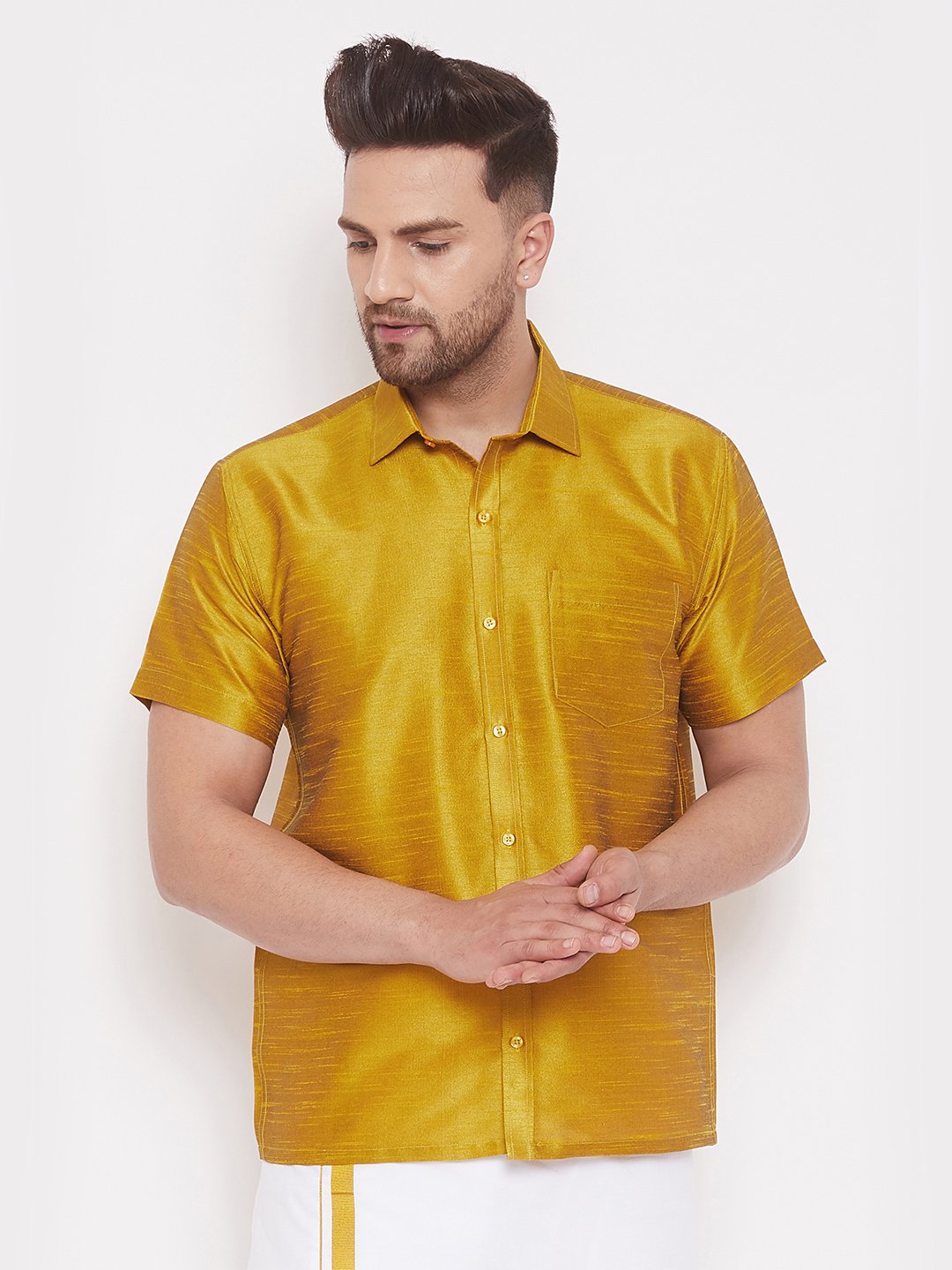 Men's Yellow Cotton Silk Blend Ethnic Shirt