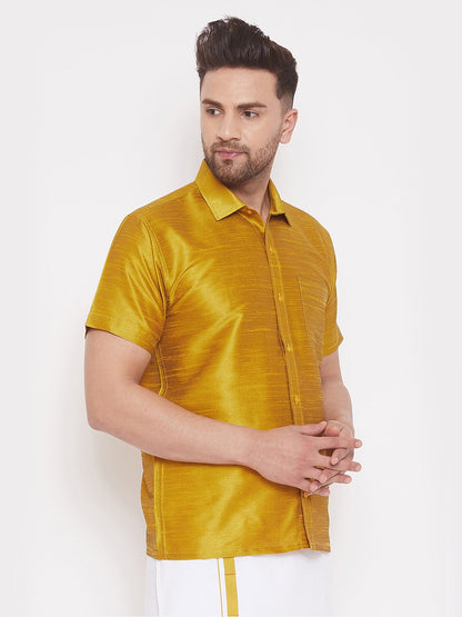 Men's Yellow Cotton Silk Blend Ethnic Shirt