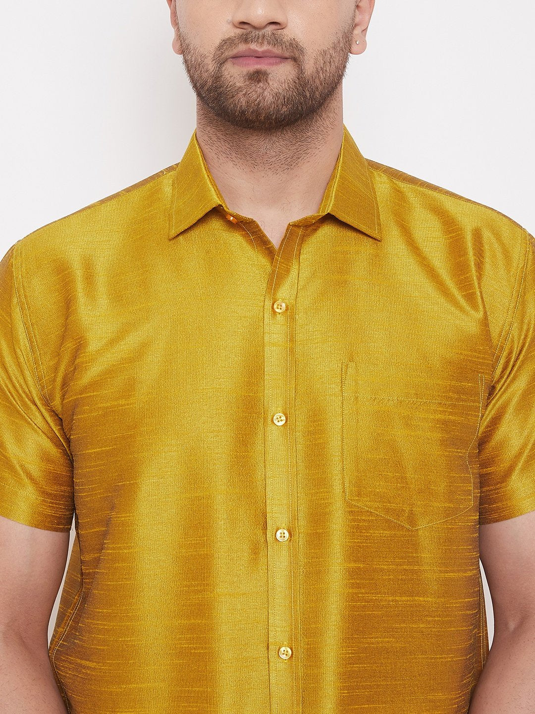 Men's Yellow Cotton Silk Blend Ethnic Shirt