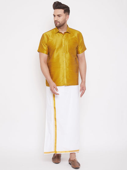 Men's Yellow Cotton Silk Blend Ethnic Shirt