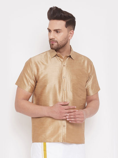 Men's Gold Cotton Silk Blend Ethnic Shirt