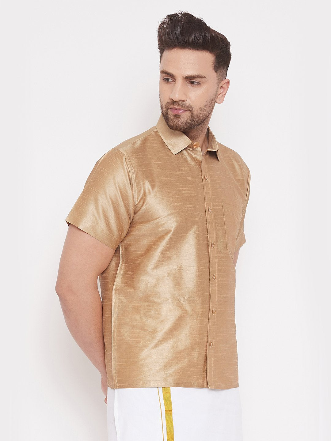 Men's Gold Cotton Silk Blend Ethnic Shirt