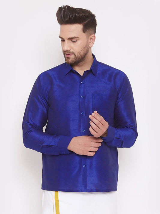 Men's Blue Cotton Silk Blend Ethnic Shirt