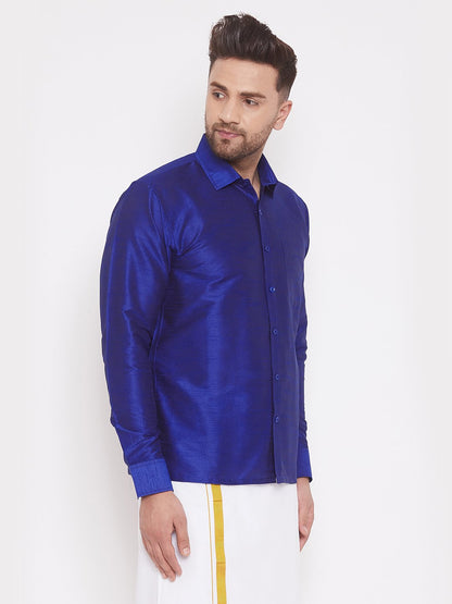 Men's Blue Cotton Silk Blend Ethnic Shirt