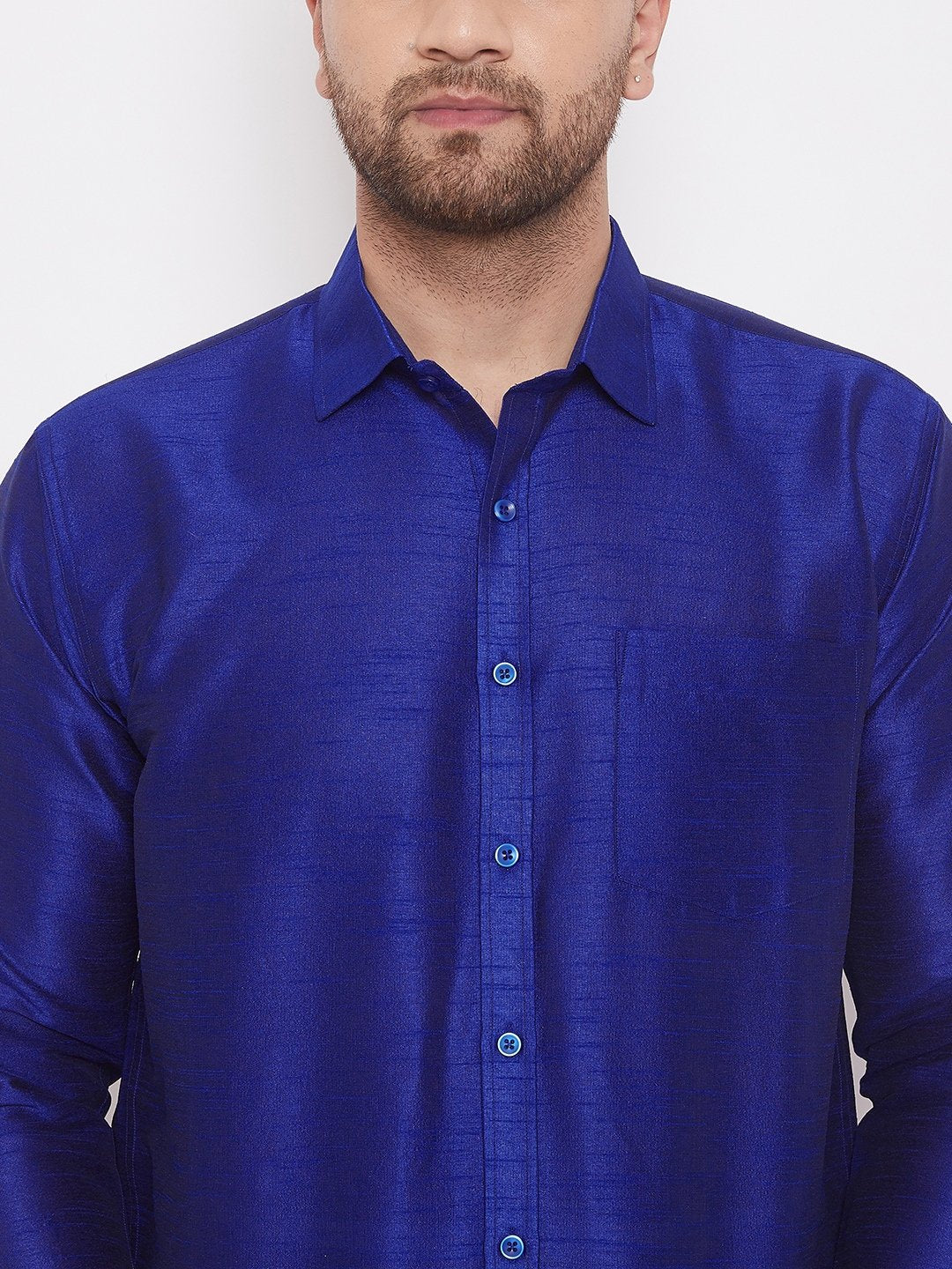 Men's Blue Cotton Silk Blend Ethnic Shirt