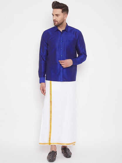 Men's Blue Cotton Silk Blend Ethnic Shirt