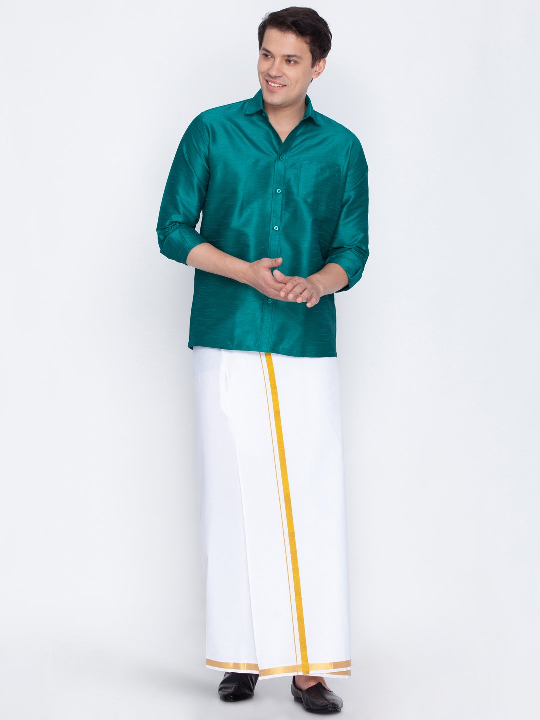 Men's Green Cotton Silk Blend Ethnic Shirt