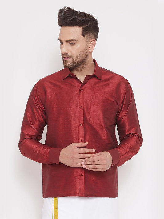 Men's Maroon Cotton Silk Blend Ethnic Shirt