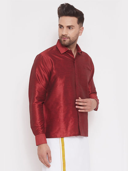 Men's Maroon Cotton Silk Blend Ethnic Shirt