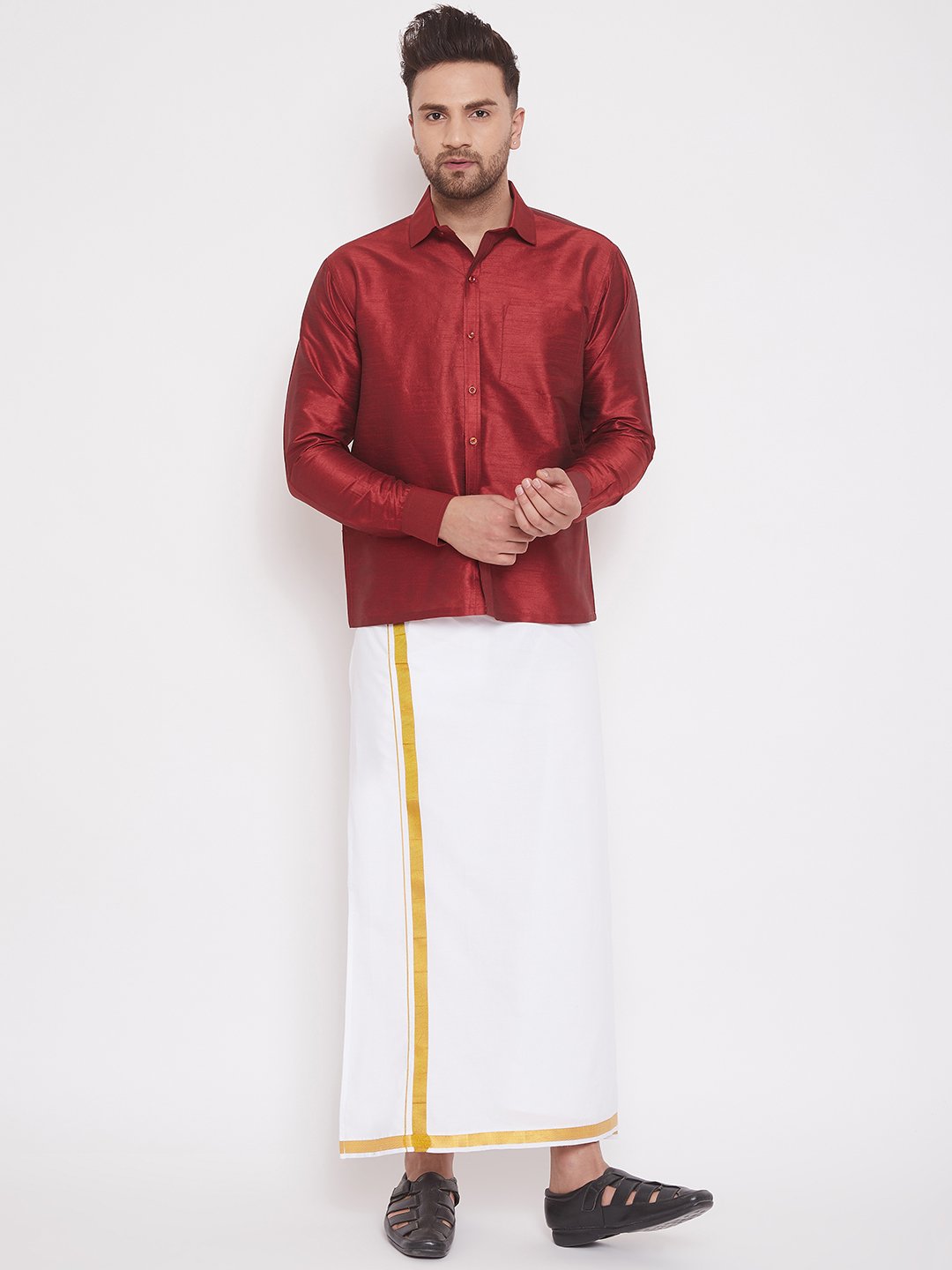 Men's Maroon Cotton Silk Blend Ethnic Shirt