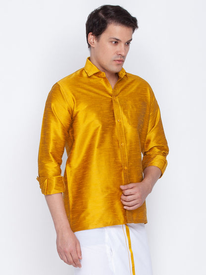 Men's Yellow Cotton Silk Blend Ethnic Shirt