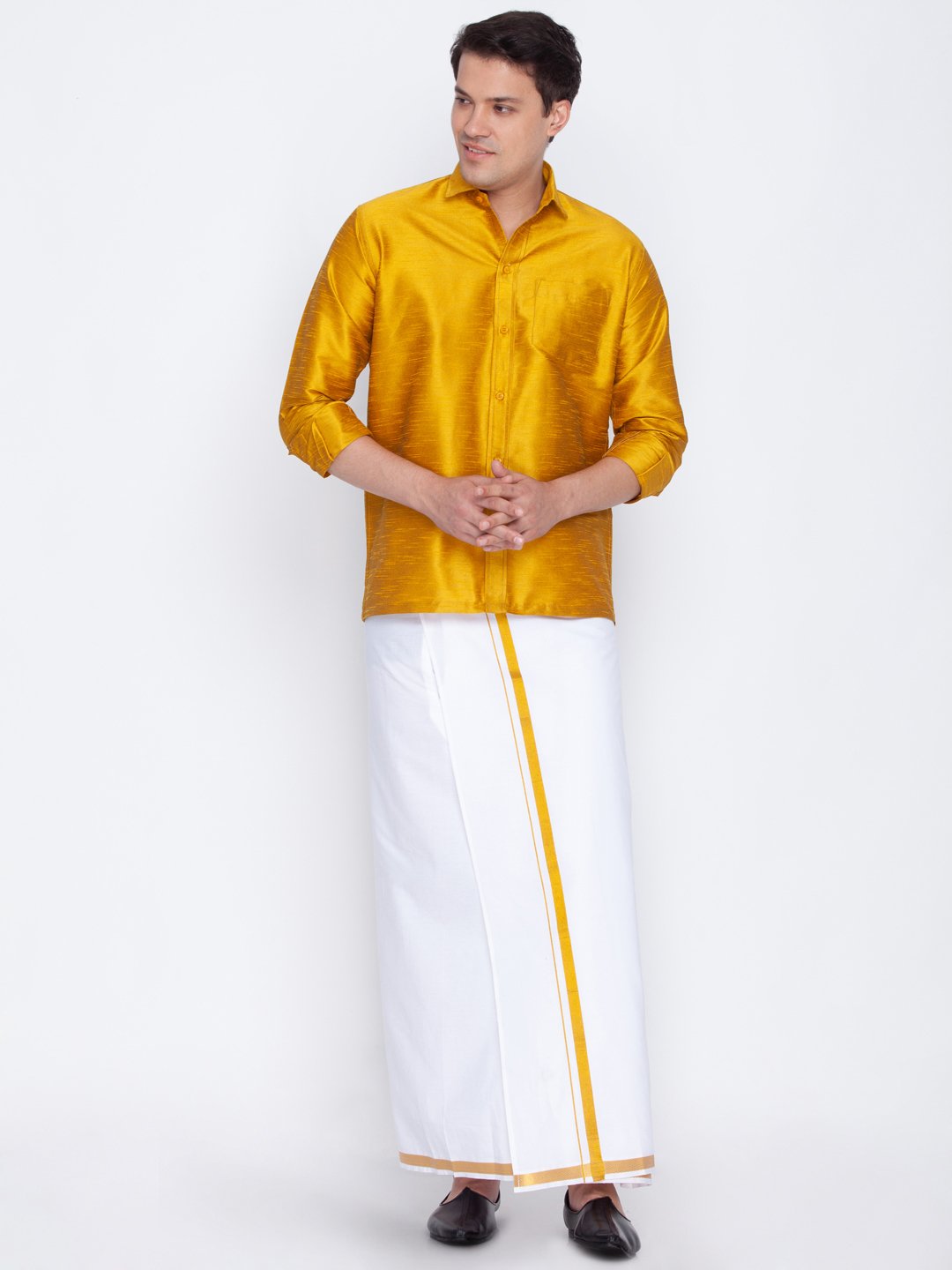 Men's Yellow Cotton Silk Blend Ethnic Shirt